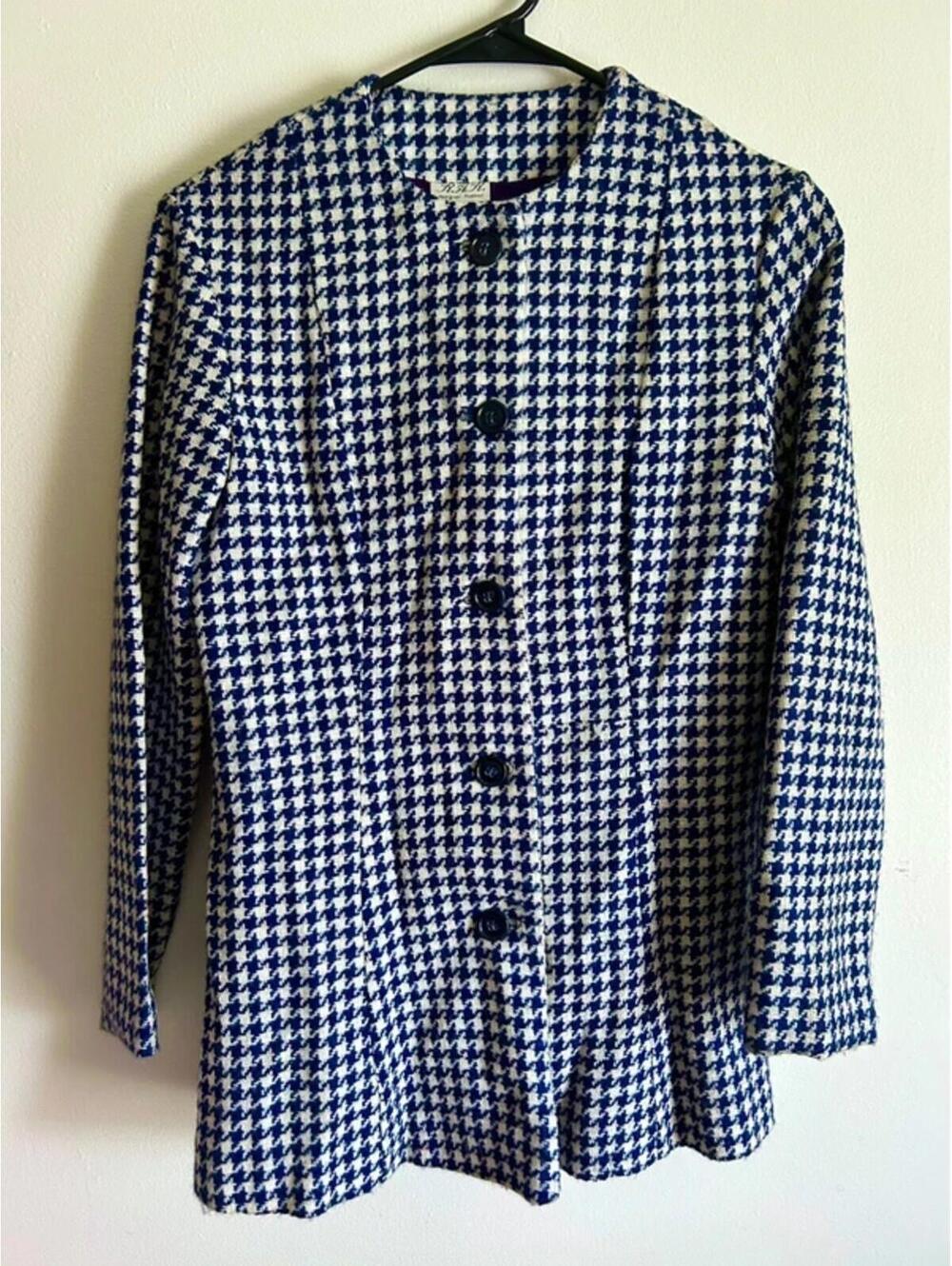 Vintage Navy White Houndstooth Wool Coat Mod Preppy Youth Jacket